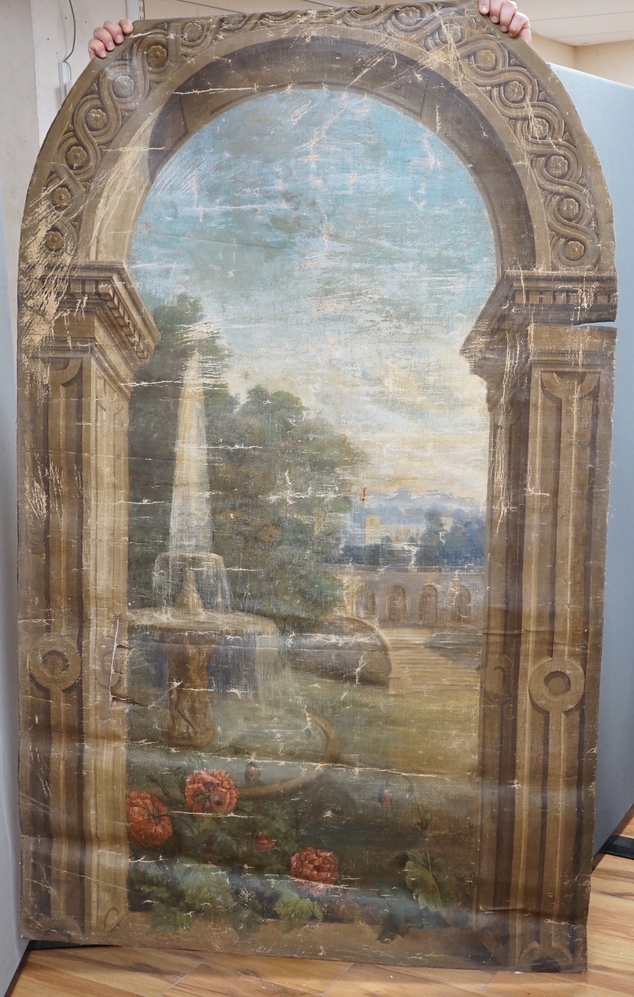 English School c.1900, set of six unstretched oils on canvas, Italianate landscapes painted for murals to be inset into arched niches, approximately 184 x 110cm